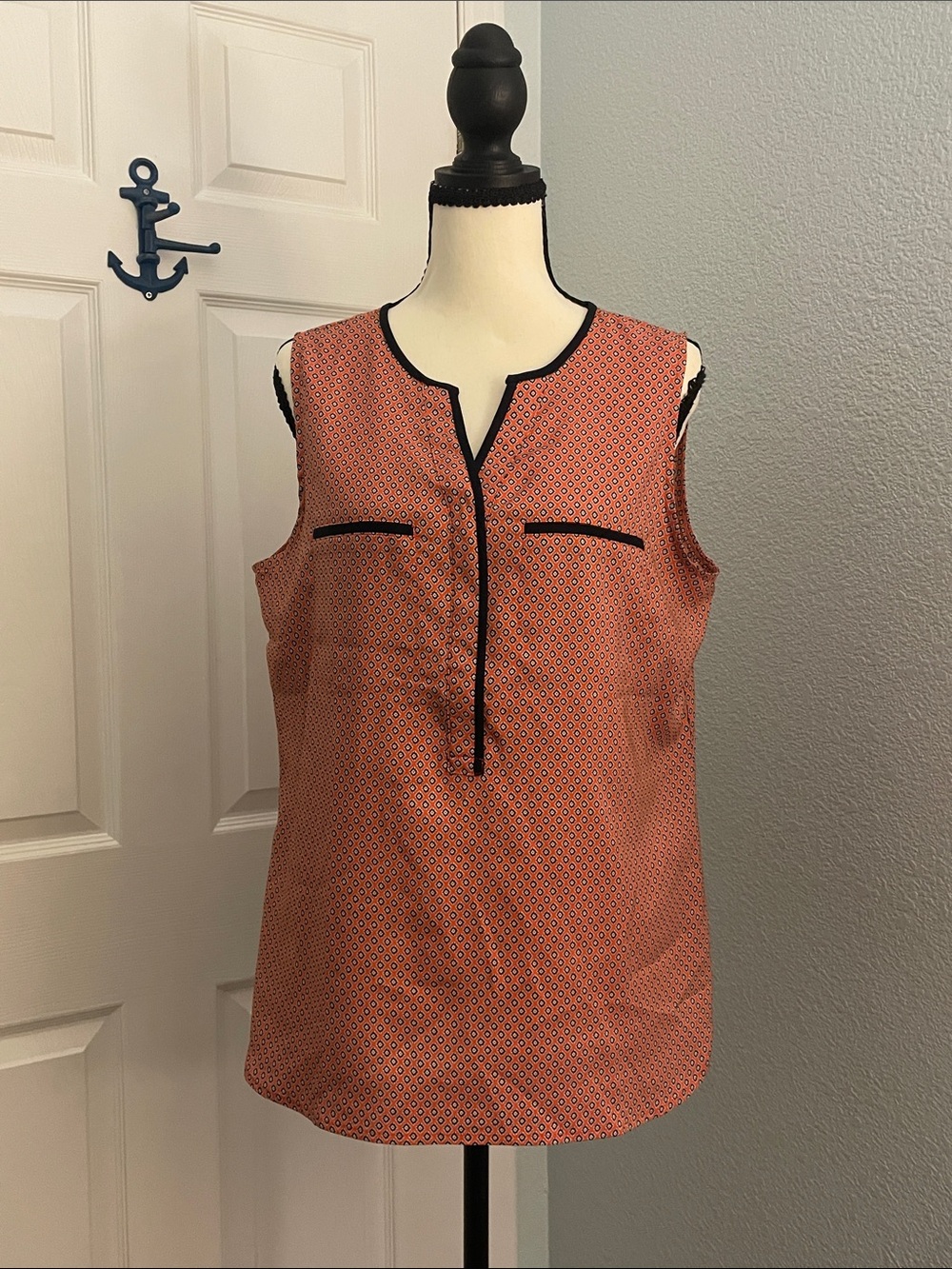 Ann Taylor Orange Printed Sleeveless Top with Navy Trim